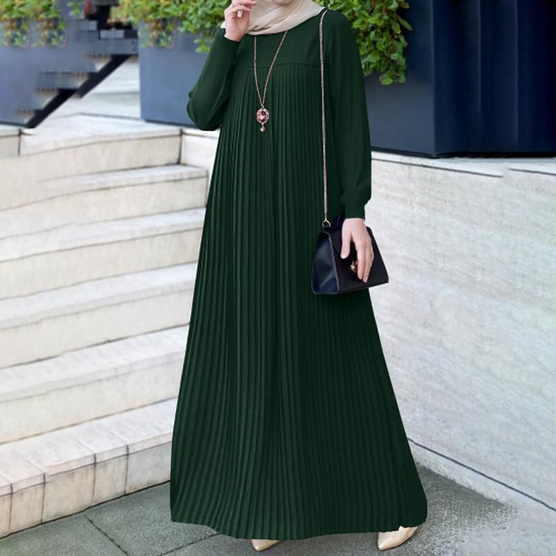 女士阿拉伯风气质优雅百褶裙纯色简约圆领长袖褶皱设计连