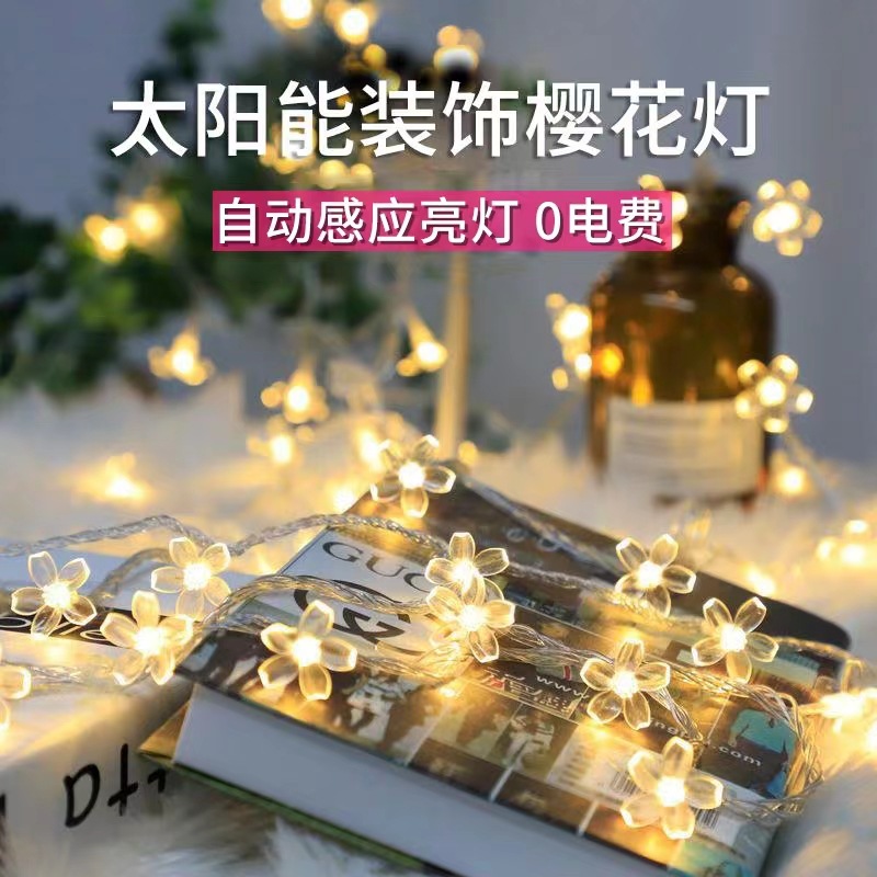 Wholesale of LED cherry blossom solar light strings in stock, outdoor waterproof courtyard hanging lights, and small decorative lights for home bedrooms