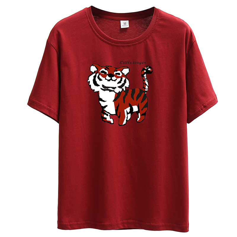 2022 Summer Tiger Year New Korean-style loose round-neck pullover short-sleeved pure cotton T-shirt, Hong Kong-style casual women's top T-shirt Item Picture