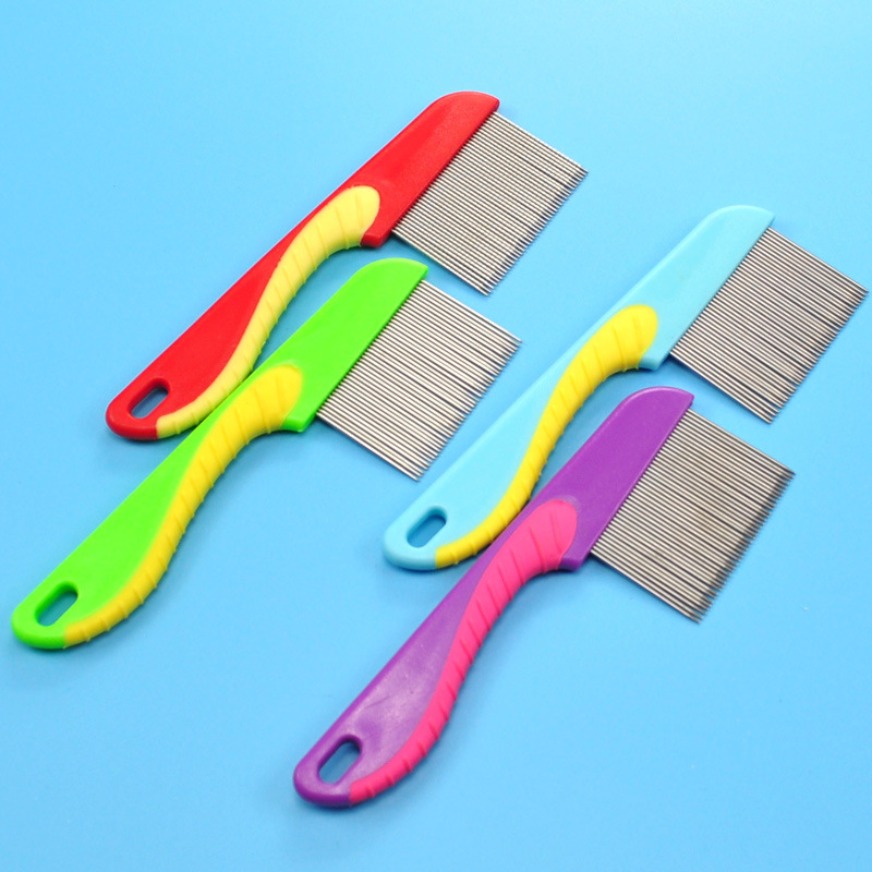 Pet comb, long needle, dense teeth, flea comb, colorful plastic grooming comb, pet stainless steel needle details Picture