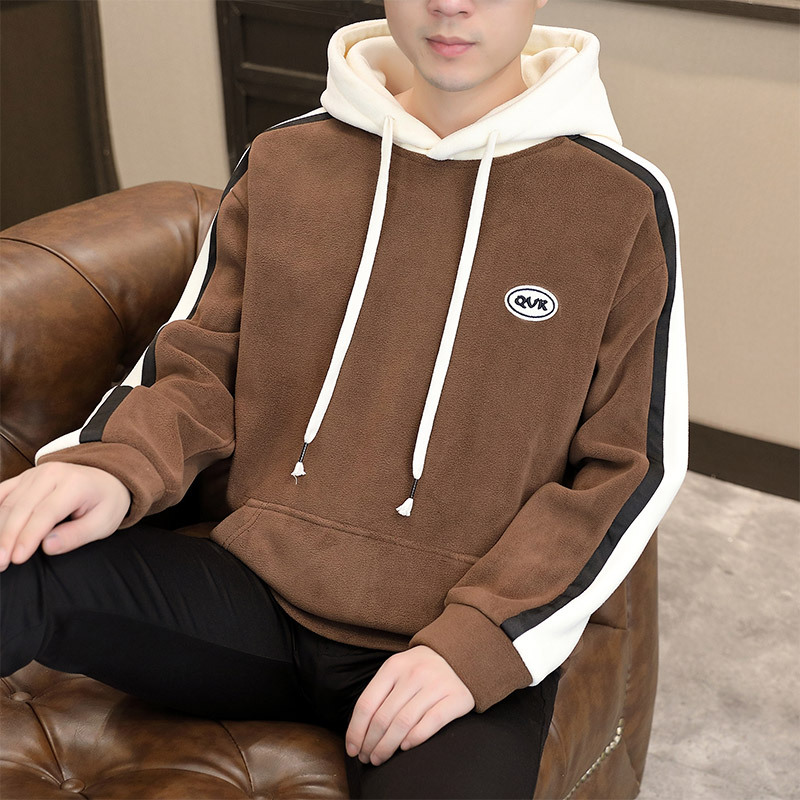 New trendy brand fleece hooded sweatshirt for spring, autumn and winter, fleece for teenagers, loose and warm woolen fleece jacket for men