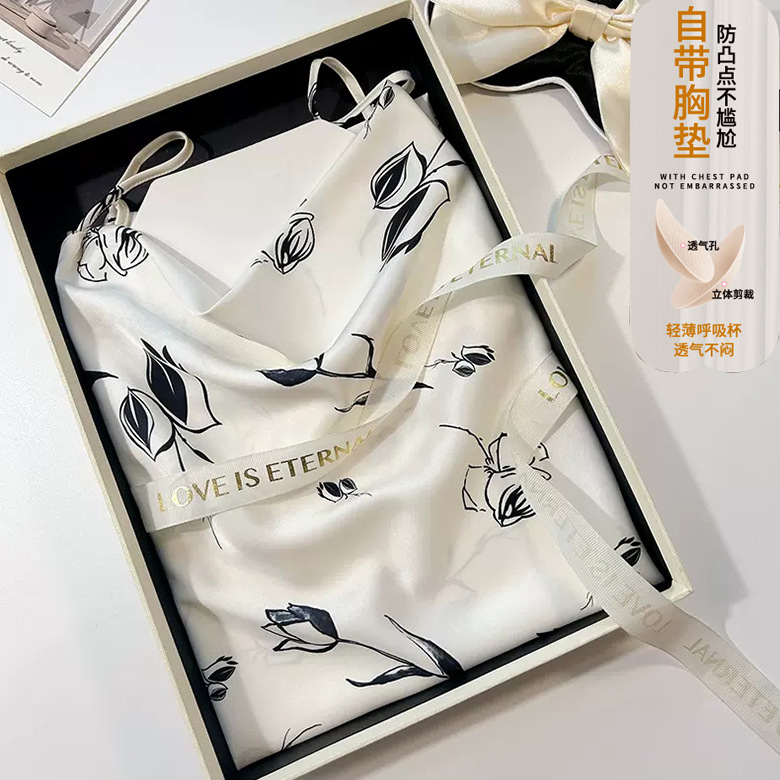 Women's summer ice silk halter dress with chest cushion, women's thin pajamas, spring and summer sexy, summer home wear Application Scenario