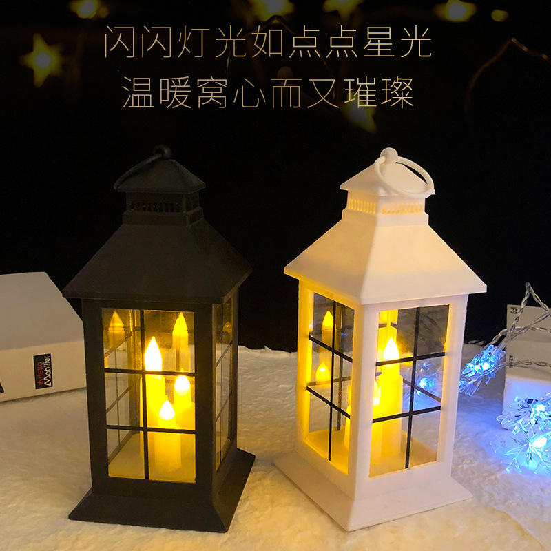 亚马逊圣诞节LED发光尖头开窗风灯手提灯摆件马灯装饰蜡烛风灯图