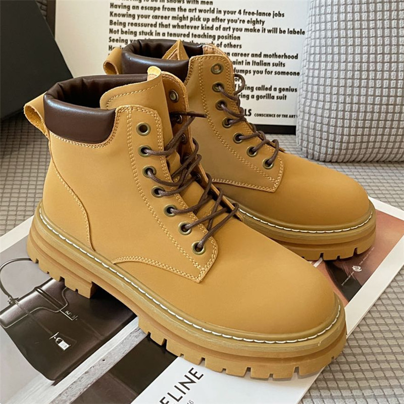 Grape Mother Spring And Autumn New Thick Soled Big Yellow Boots Round Head Boots Single Inside High Help British Wind Martin Boots Woman details Picture