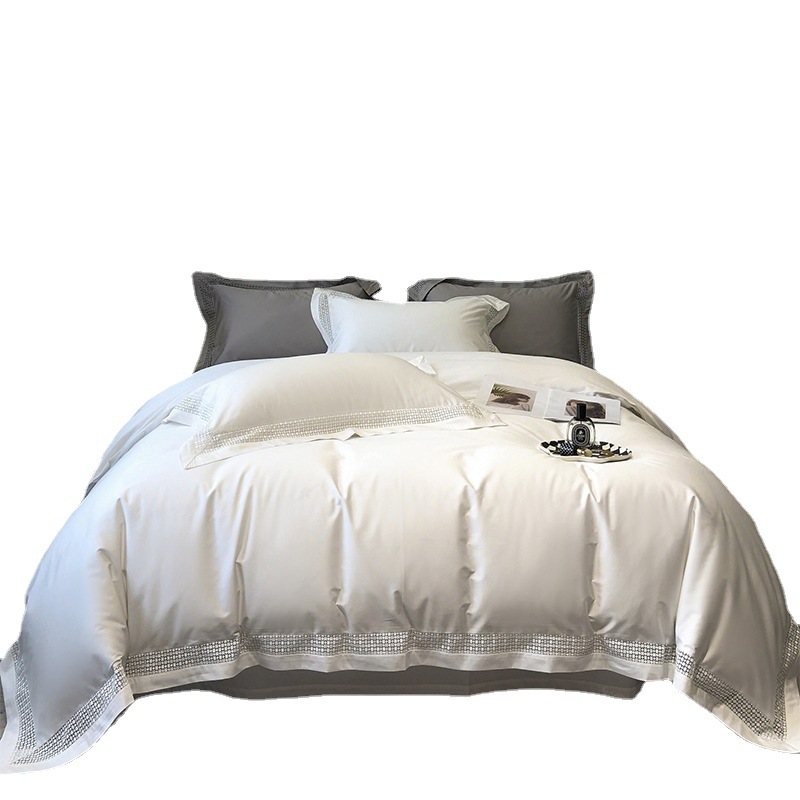 Italian Light Luxury Hotel Style 140 Xinjiang Long Staple Cotton Four-Piece Set Plain Color All Cotton Hollow Soft Skin Quilt Cover Item Picture