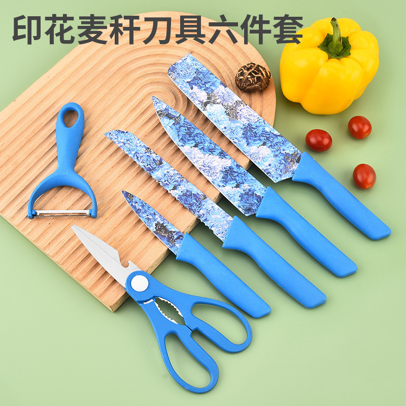 Wholesale stainless steel blue printed straw knife set of six pieces Specification image
