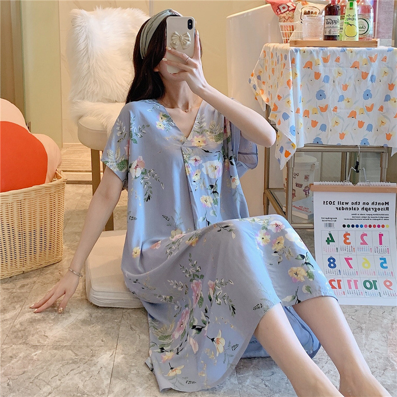 Cotton silk nightdress women's summer new short sleeve cartoon print pajamas Korean version large size loose silk home wear thin Application Scenario