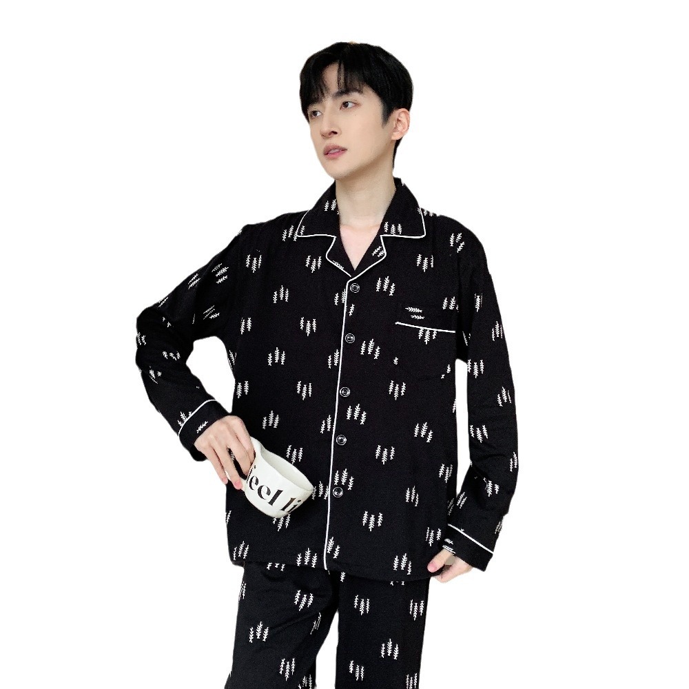 Spring and autumn new pure cotton pajamas for men, long sleeves and long pants, thin and comfortable all-cotton home wear set that can be worn outside Item Picture