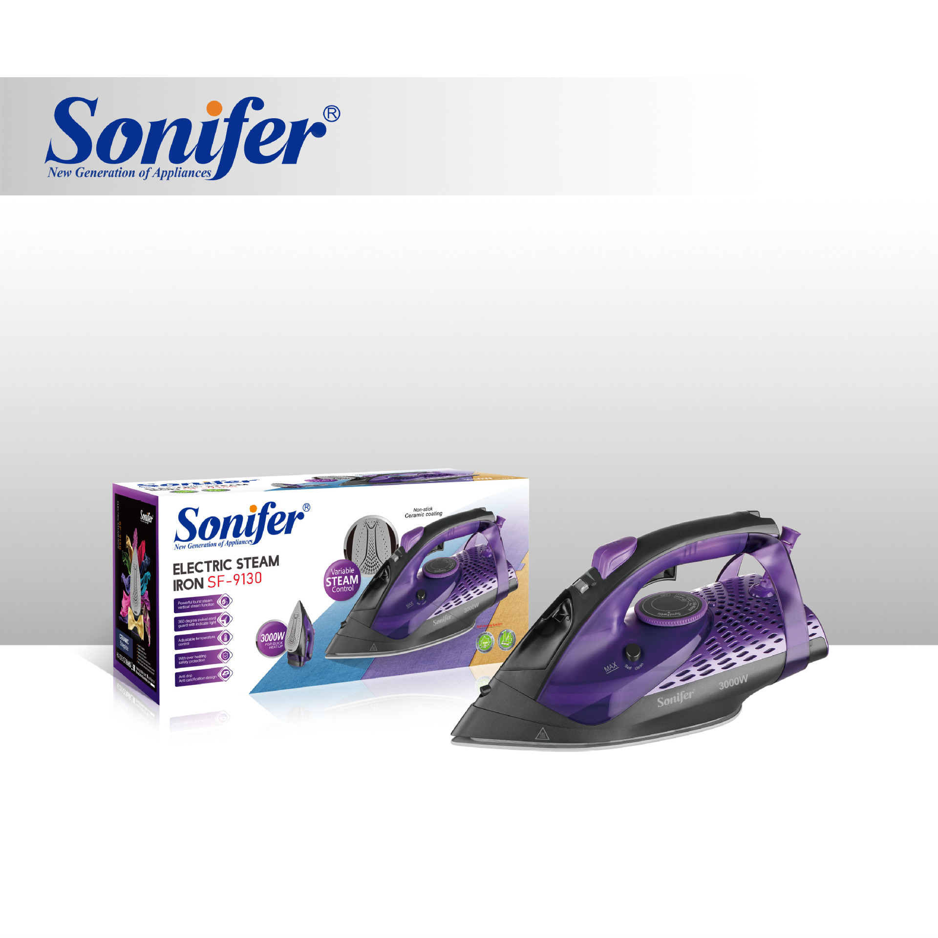 Sonifer SF-9130 欧规大功率3000W家用自洁防滴漏蒸汽电熨斗 iron