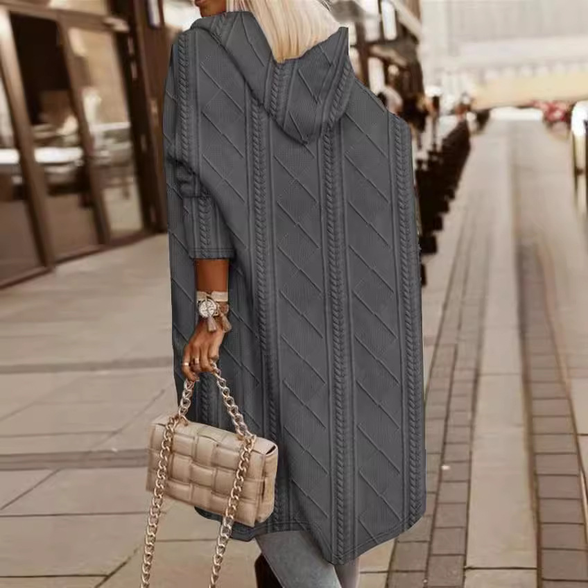 2023 Autumn And Winter New Women's Foreign Trade Europe And The United States Cross-Border Amazon Stranded Flower Texture Hooded Long Trench Coat Application Scenario
