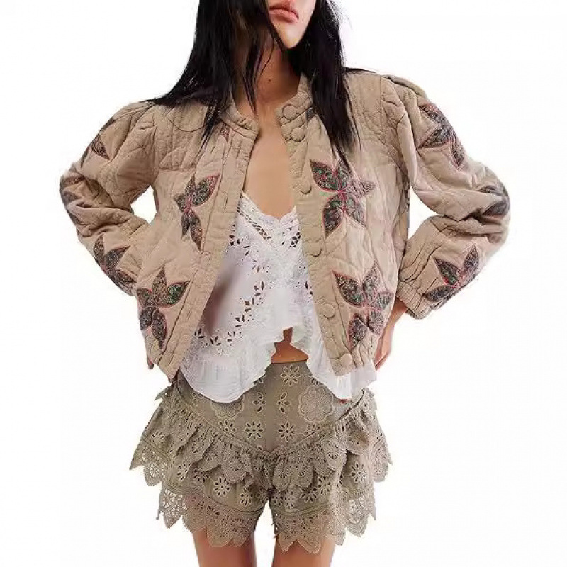 2024欧美秋冬亚马逊爆款绗绣好质量洗水棉枫叶贴布绣女士外套棉服