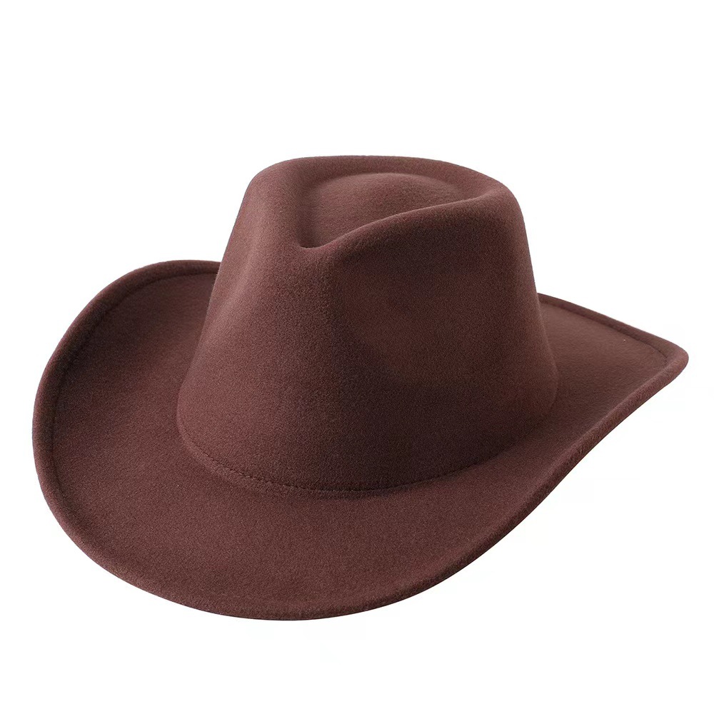 Wholesale of European-style western cowboy hats, single-color woolen hats, men's and women's wide-brimmed outdoor hiking and mountaineering top hats Item Picture