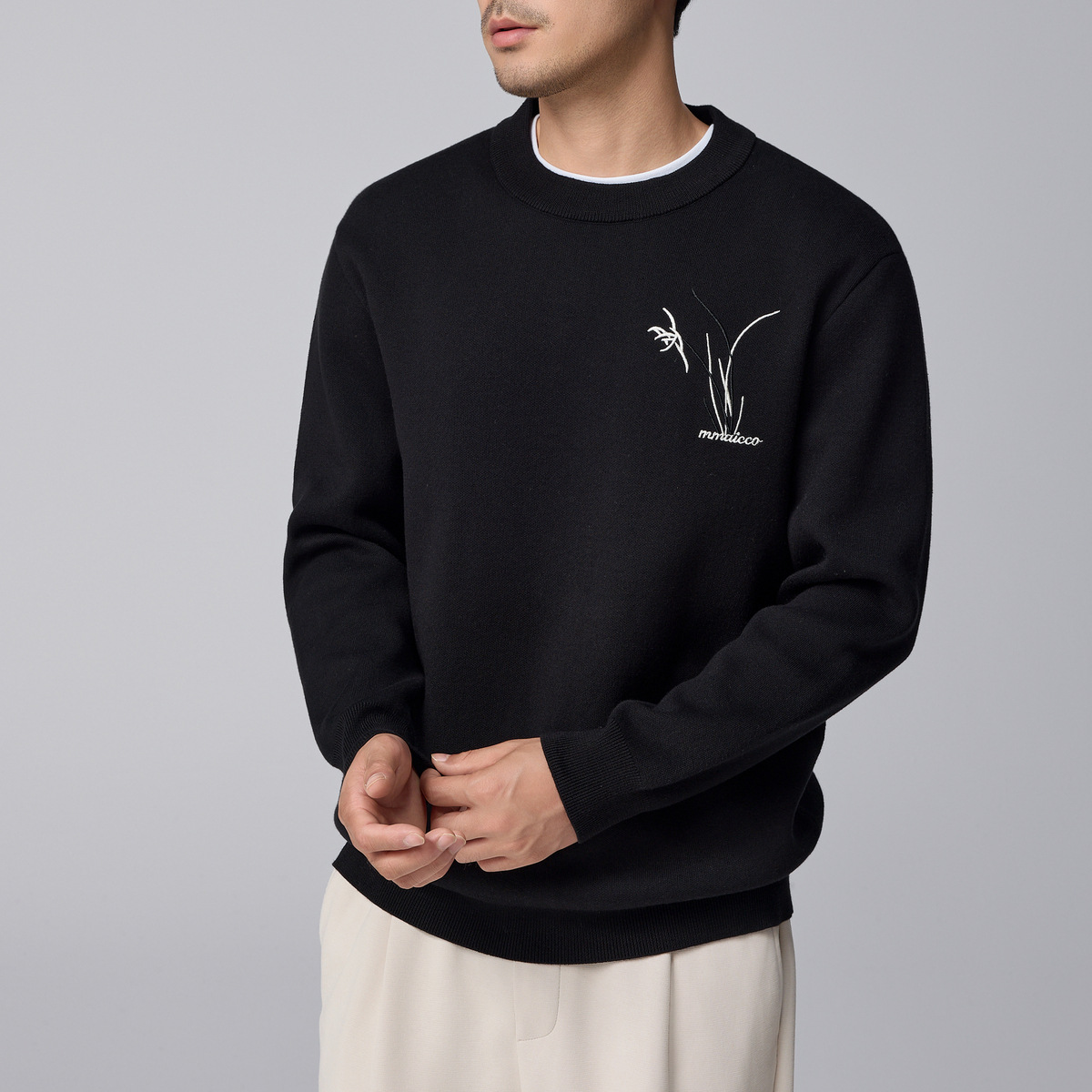 Momeck Men's Wear Orchid embroidery knitted sweater for men 2024 Winter New round neck Loose men's sweater 21837 details Picture