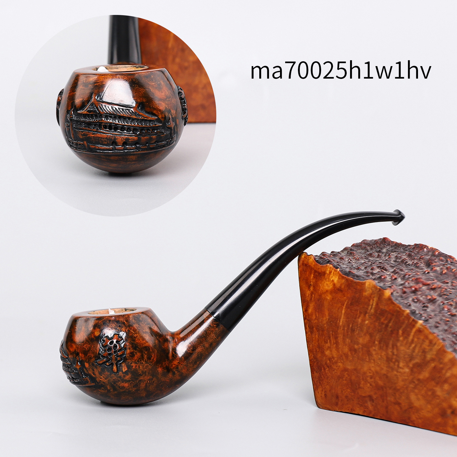 木香手工雕刻烟斗石楠木烟斗3mm过滤硫化橡胶烟嘴光面款实木烟斗