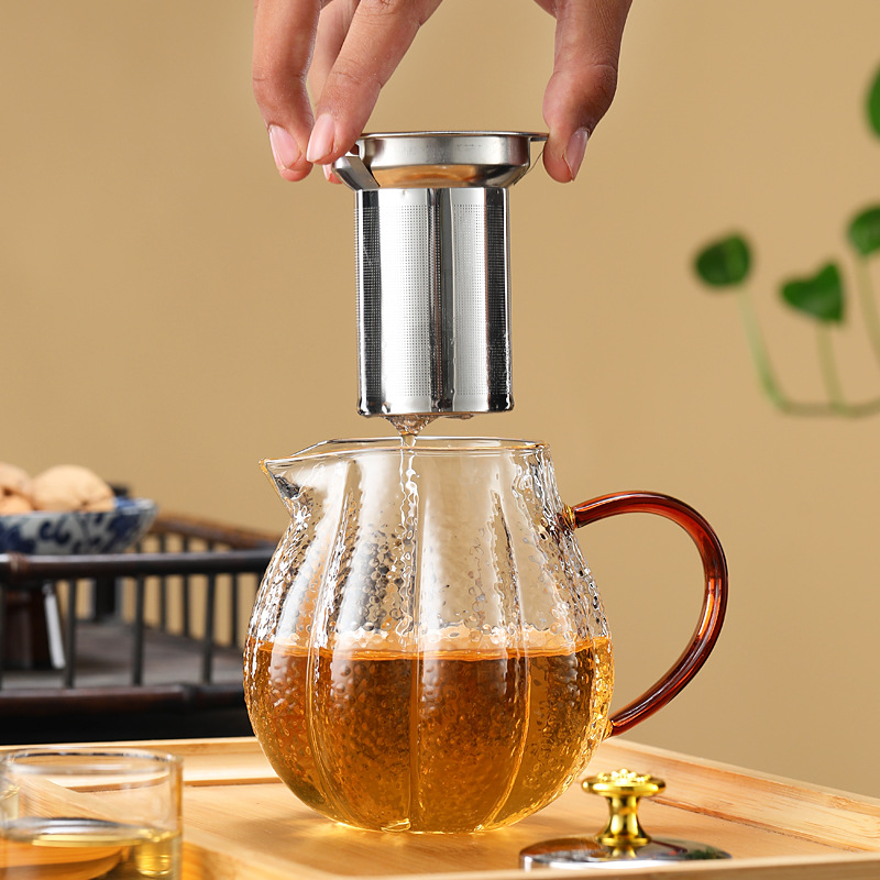 Hammered pumpkin glass teapot, thickened household tea brewer, high-temperature resistant tea set, filter flower teapot, heat-resistant brewing Specification image