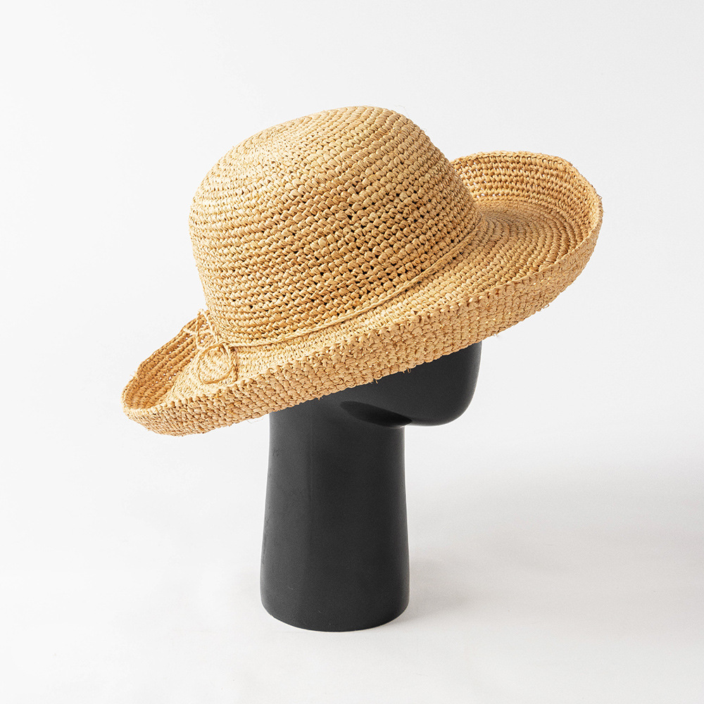 Spring And Summer New Fashion Casual Tie Rope Hand Crochet Dome Rolled Edge Raffi Straw Hat Outdoor Sun Protection Hat Women Specification drawing