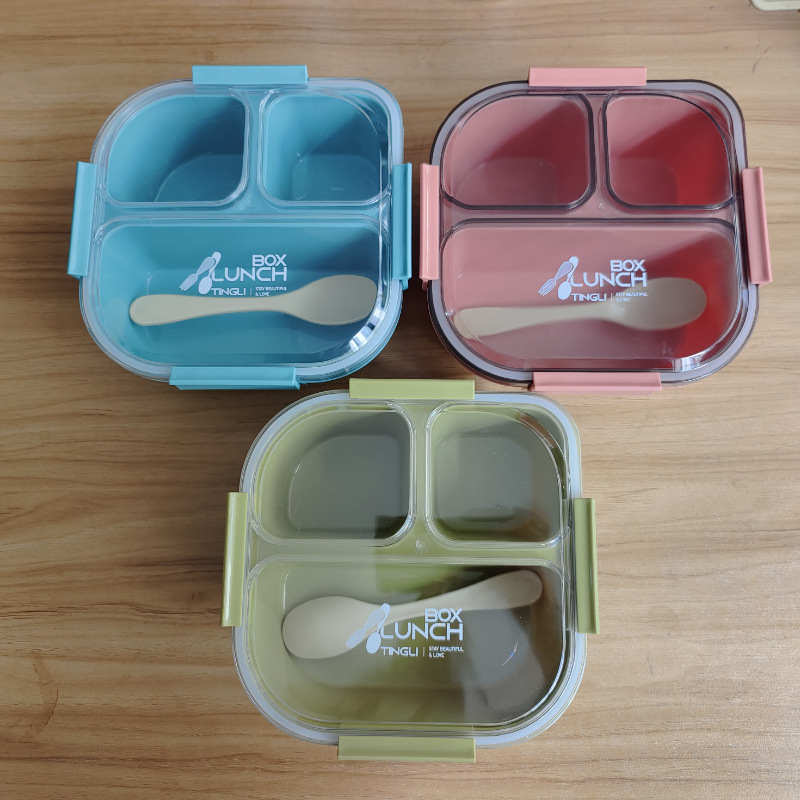 新品3分格塑料饭盒带勺子学生便当盒反扣保鲜盒可放冰箱微波炉餐