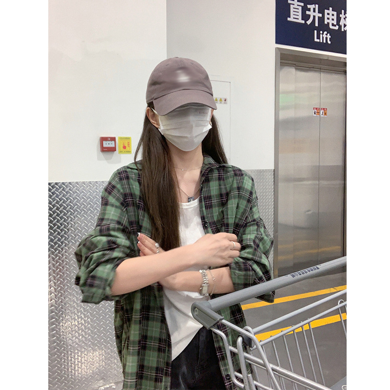 时髦复古绿色格子长袖衬衫夏季薄款慵懒感外套上衣气质女装潮