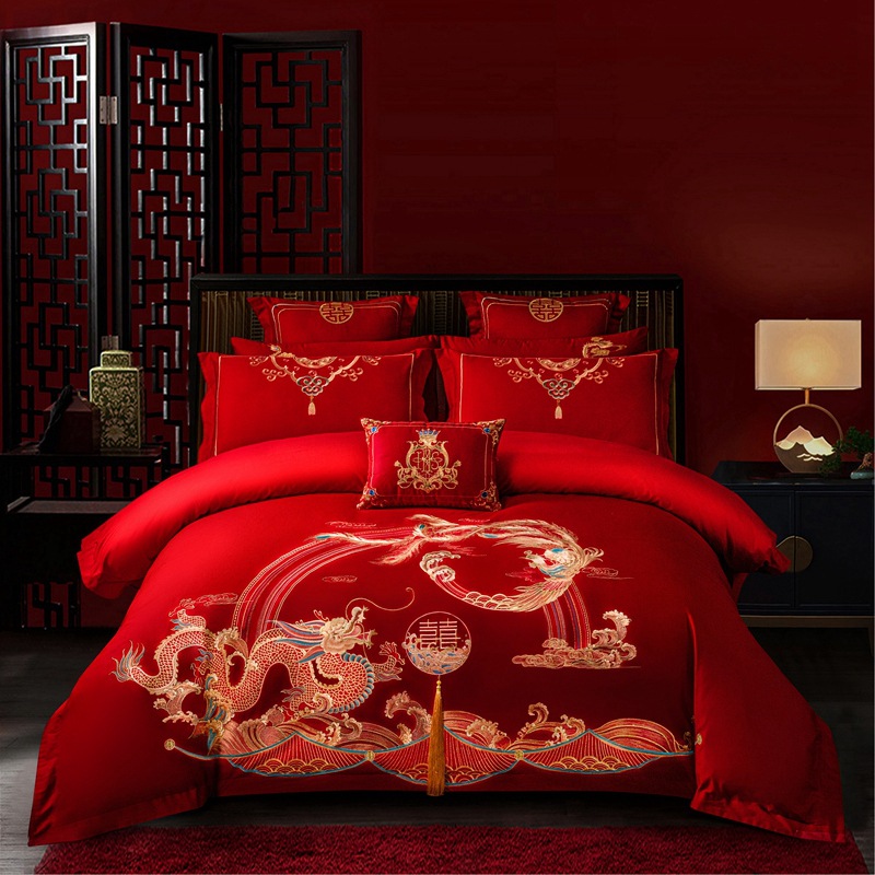 100支纯棉刺绣婚庆四件套大红色六件套结婚床上用品床单盖多件套详情图3