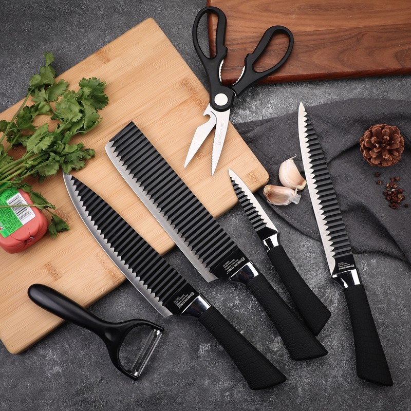 Black Wave Knife set of Six pieces, stainless steel kitchen knife, household kitchen fruit knife, chef knife, gift color box set details Picture