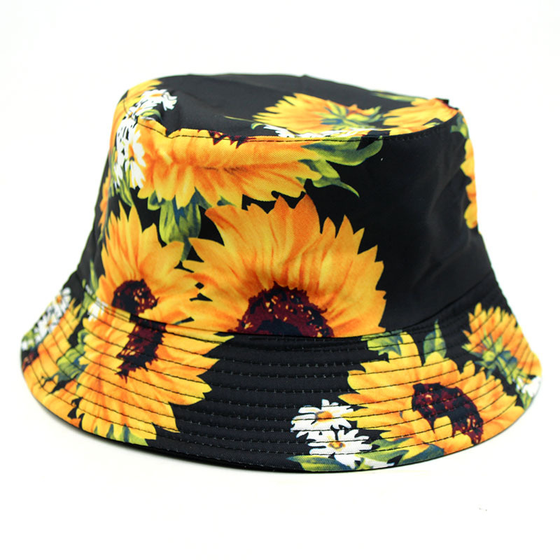 外贸速卖通新款向日葵印花渔夫帽男女户外遮阳双面盆帽bucket hat