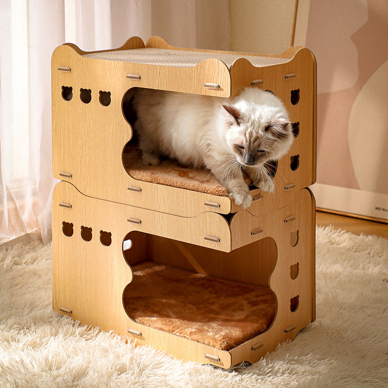 Wooden cat house, cat bed, cat scratch board, one-piece vertical double-layer stackable corrugated paper, scratch-resistant and detachable cat toy details Picture