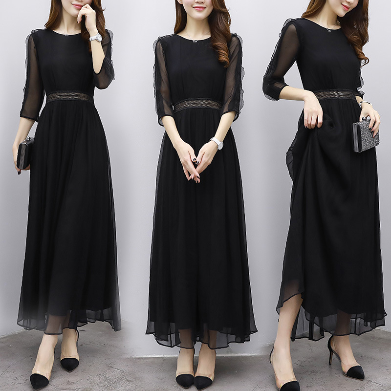 A new Korean-style slimming chiffon black dress for women in spring/Summer 2022, a long and slimming summer dress