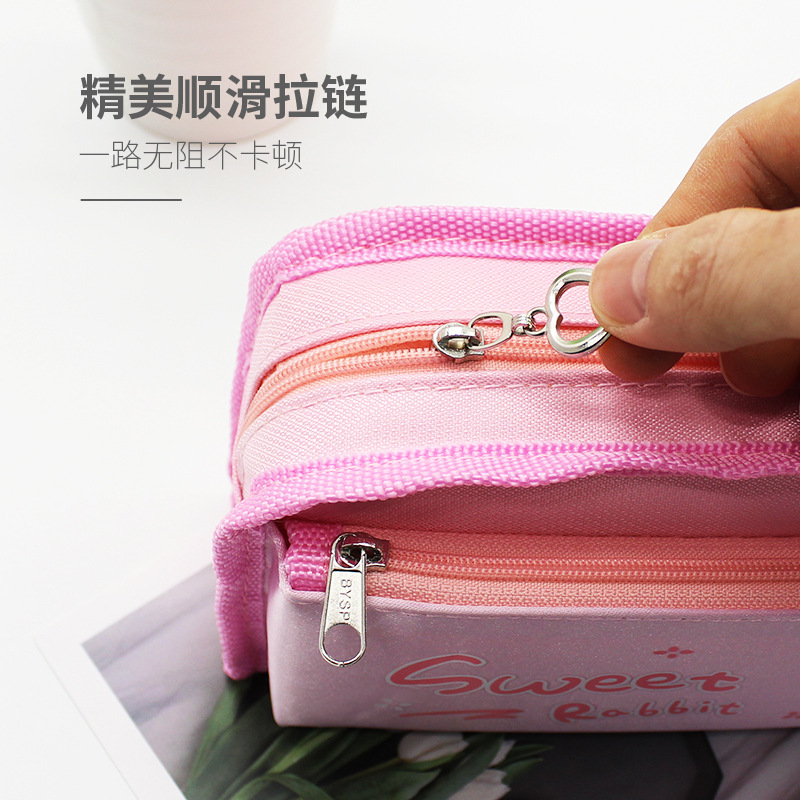 2023 Rabbit New Student Pen Bag Double Lattice Male And Female Students Stationery Bag Double Zipper Double Large Capacity Pencil Bag Application Scenario