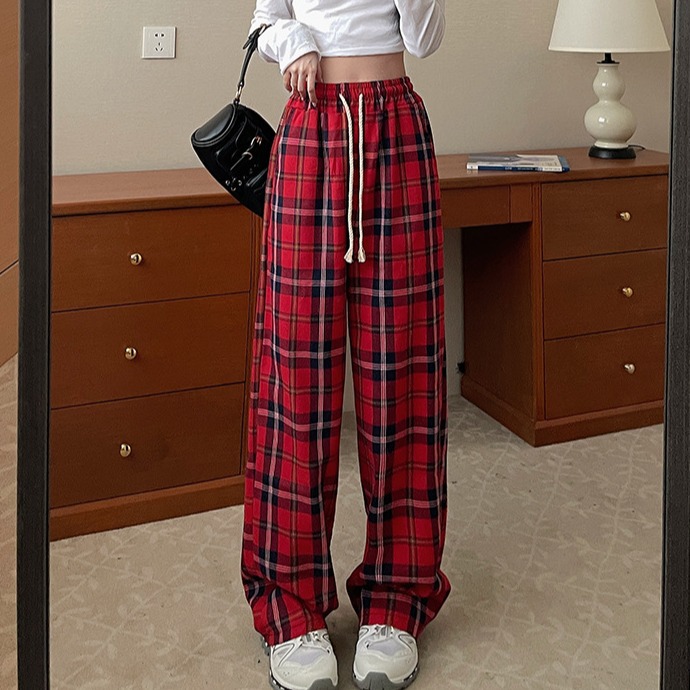 American Retro Wide-Leg Pants Women's New Autumn And Winter Loose Casual Pants Red Checkered High-Waisted Straight Leg Sports Pants details Picture