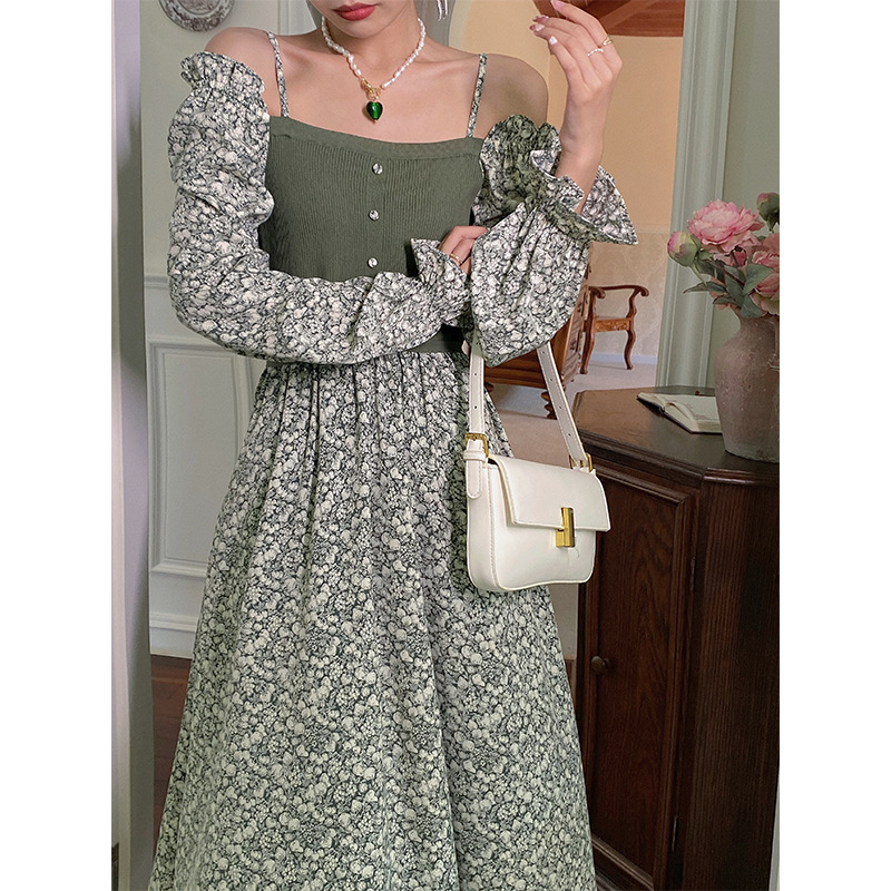 .[lata] trece líneas de ropa de mujer otoño 2021 nuevo estilo coreano vestido floral cintura alta retro moda temperamento Application Scenario