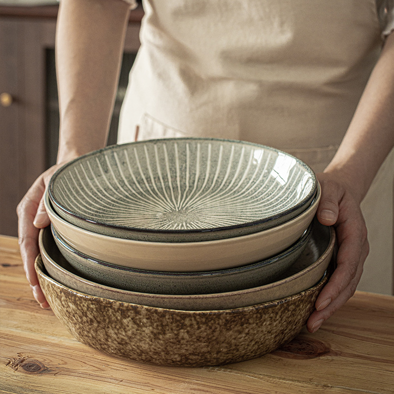 High-quality appearance level deep plate, round, cheap bowl, retro ceramic vegetable bowl, household plate, tableware, bowl and dish wholesale, export tail order