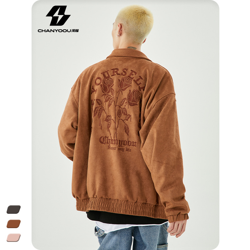 Light Shine Tide Men's Fall Suede Rose Embroidery Jacket Men's Large Size Couple Cardigan Coat A Generation Application Scenario