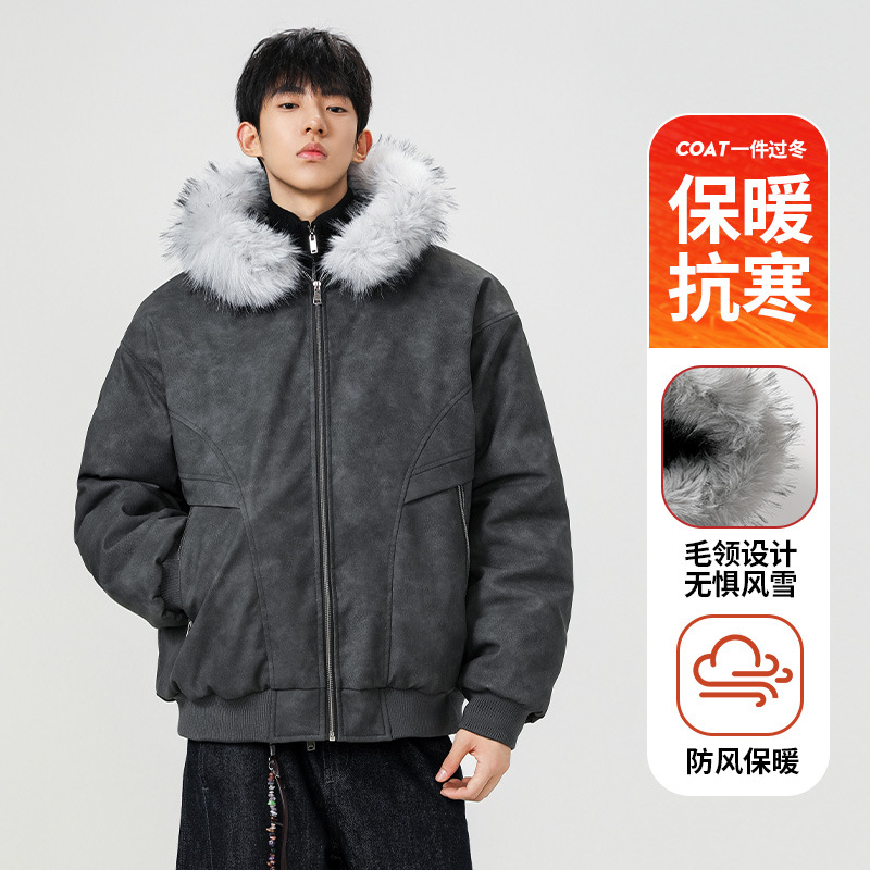 ACU男装|脏脏PU皮外套冬季棉服可拆卸毛领宽松加厚保暖连帽棉衣男