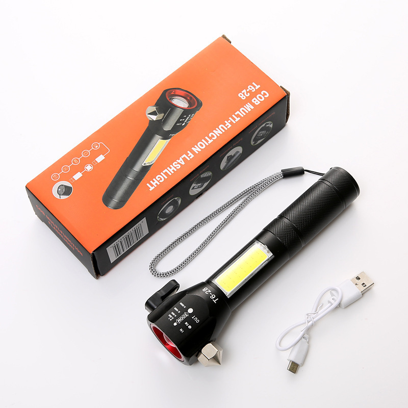 新款多功能USB充电T628手电筒户外带安全锤cob侧灯强光照明手电筒详情图4