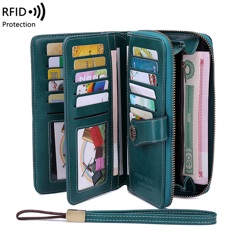 跨境热销RFID防磁钱包长款拉链女士钱夹皮夹欧美新款大容量手拿包图