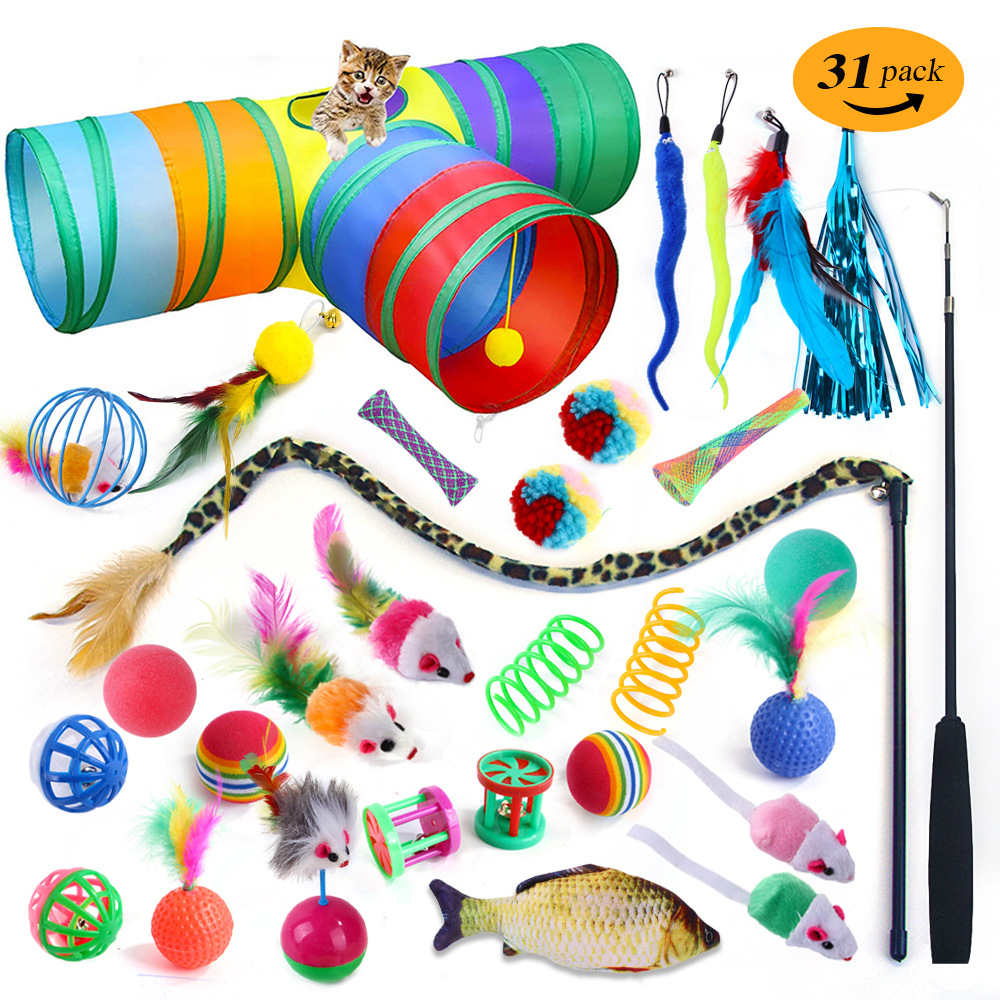 Cross-border new product: 31-piece set of pet cat toys, including bell balls, feather cat toys, plush mice, and spring cat tunnels