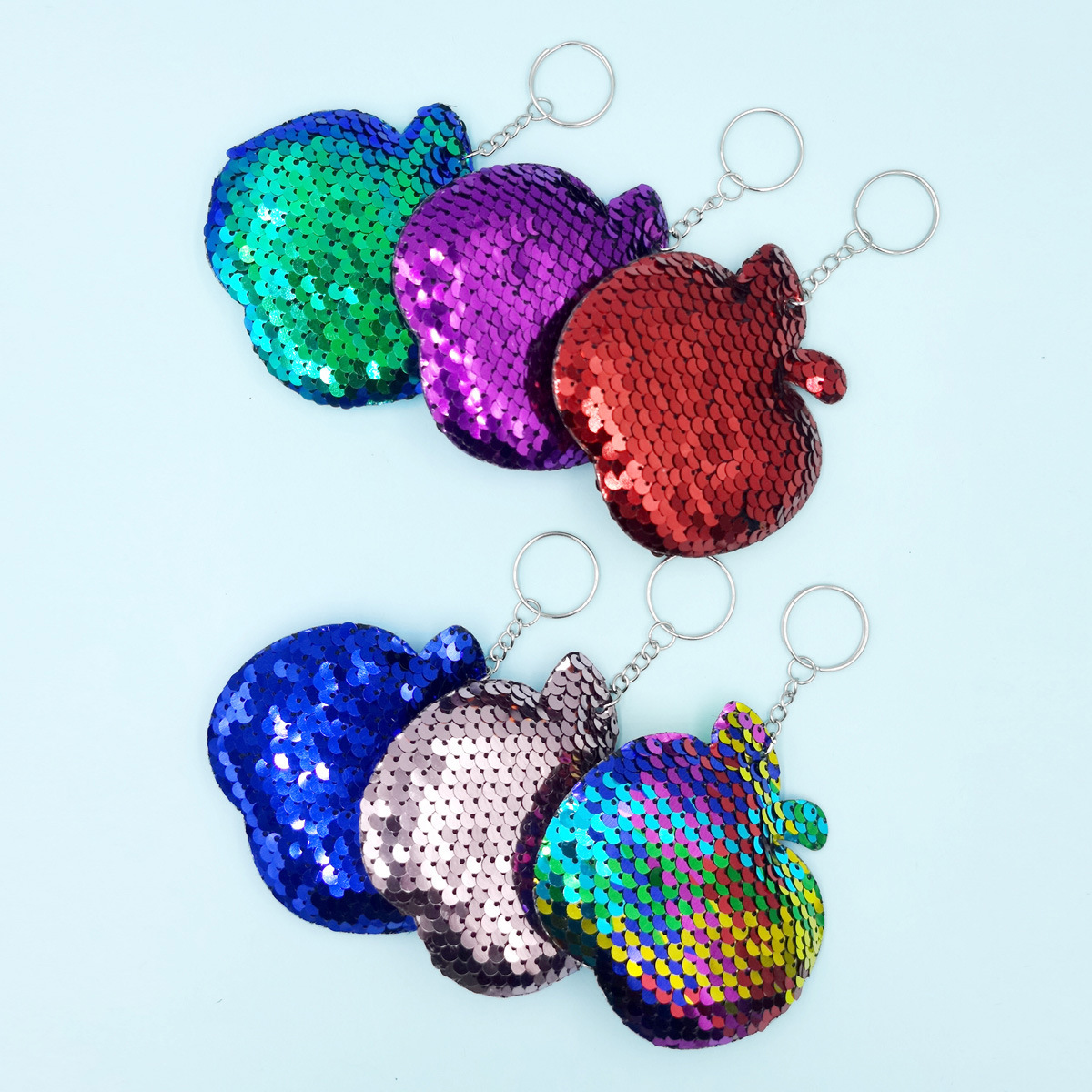 Cross-border set of 6 reflective double-sided flip cover sequined Apple keychains, Apple sequined small pendants and car ornaments