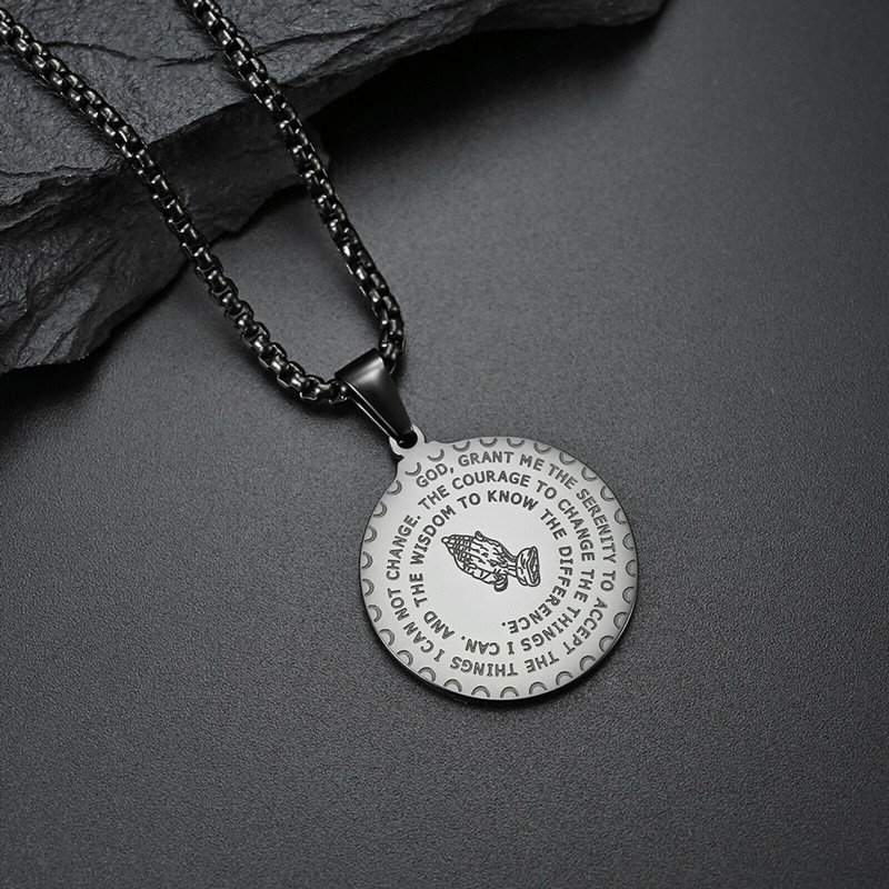 Amazon cross-border stainless steel round pendant necklace, steel prayer hand round pendant necklace, men's and women's accessories details Picture
