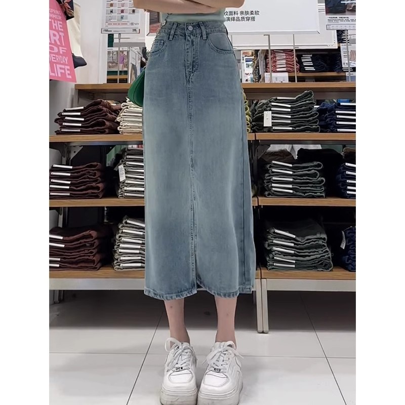 Pear-shaped figure, blue tencel denim skirt for women in summer, thin, large-sized, high-waisted, slimming, mid-length A-line skirt Specification image