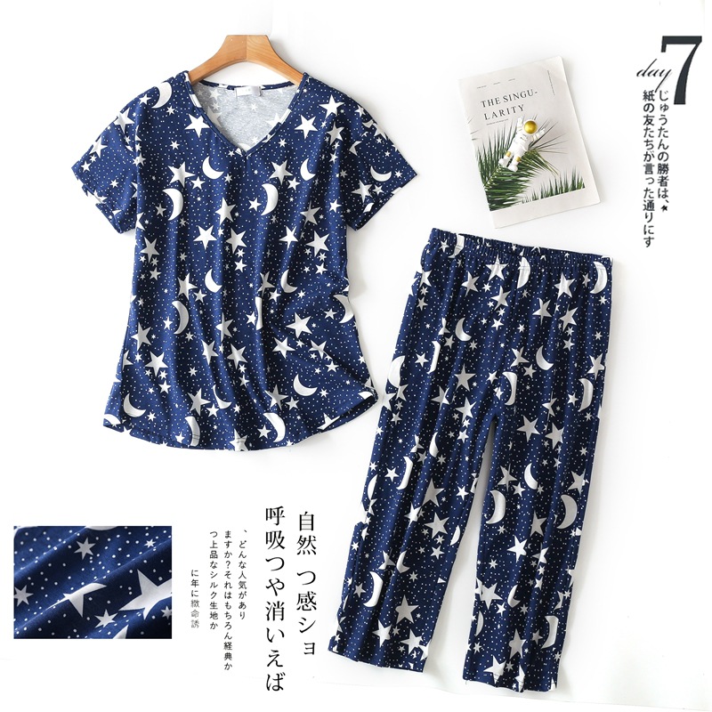 Cross-border pajamas spring and summer short-sleeved capri pants cartoon cute large-sized cotton women's pajamas set home wear wholesale details Picture
