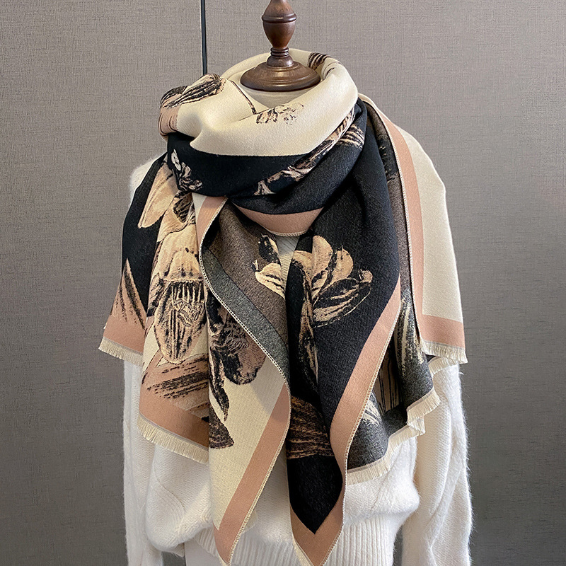 New autumn and winter color-block magnolia flower fashion faux cashmere scarf for women, Korean style versatile and elegant scarf, warm shawl pic 25