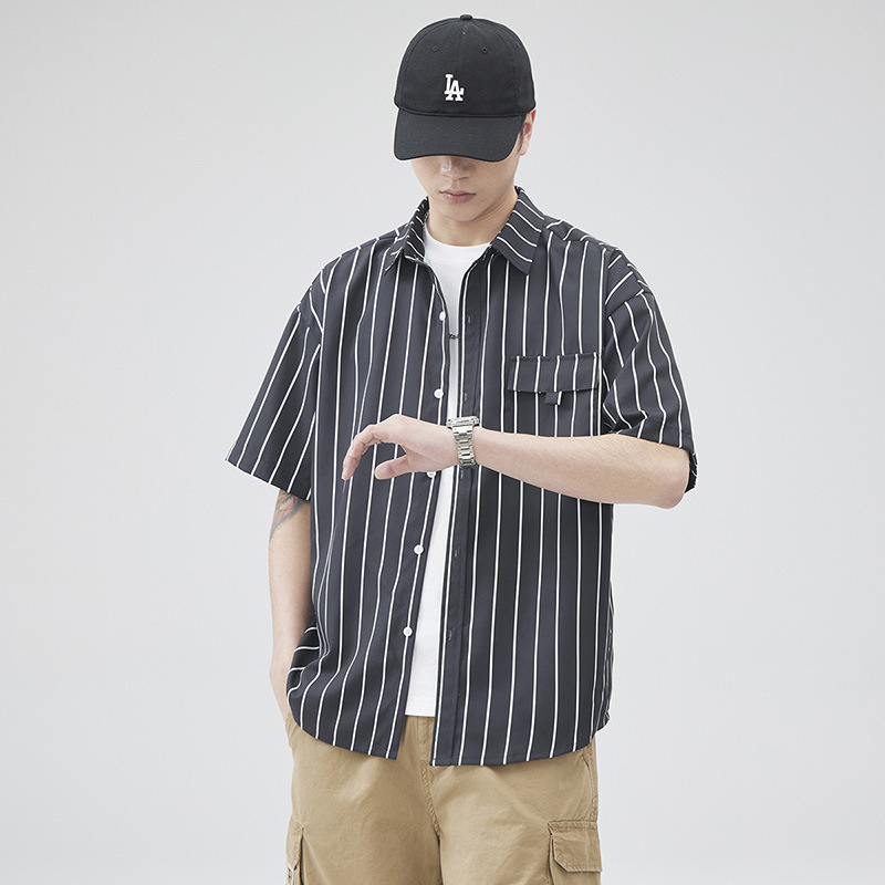 Striped short-sleeved shirts for men, thin and loose summer style, Hong Kong style, American high street, student casual and versatile cardigan shirt trend Application Scenario