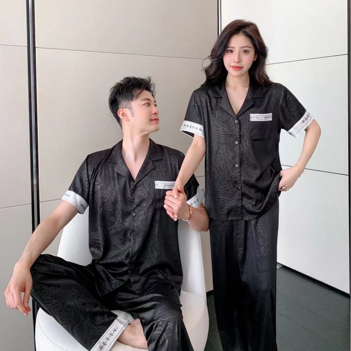 2024夏季新款情侣冰丝绸睡衣女大牌风高级感长袖长裤家居服男宽松