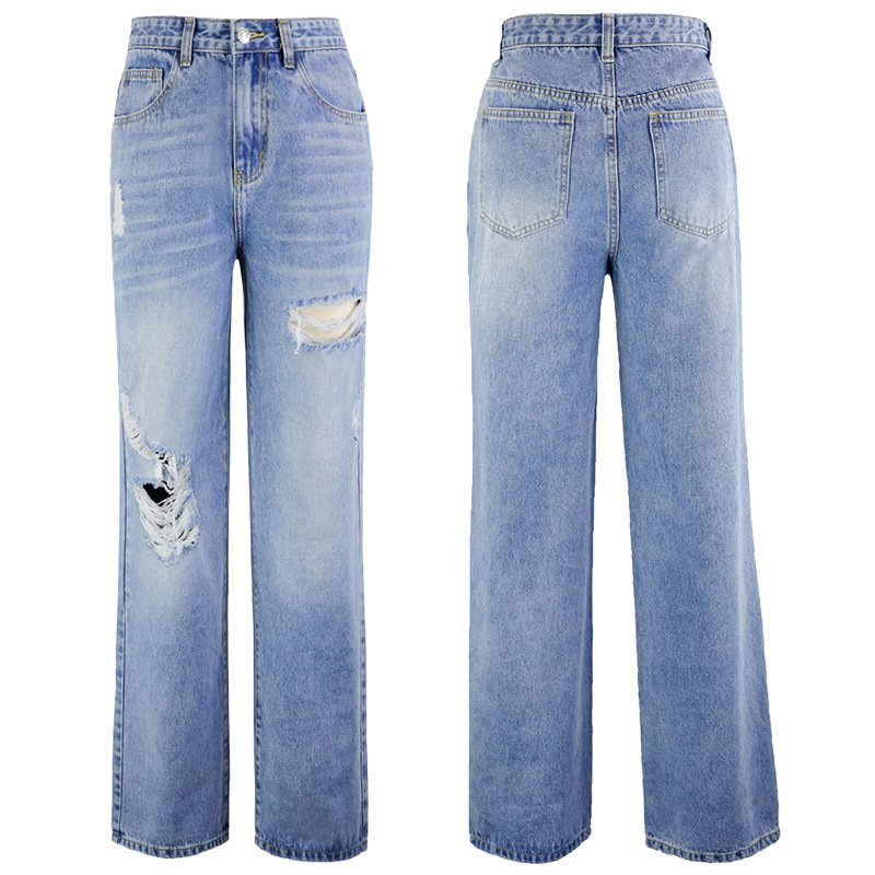 Custom-processed high-waisted, slimming women's 2022 summer new straight-leg, ripped wide-leg jeans for women details Picture