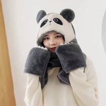Panda plush gloves bib one piece cap women winter warm ear protection cycling cap cute couple cap Lei Feng cap tide