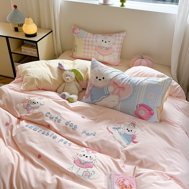 Japanese-style sweet all-cotton yarn-dyed washed cotton four-piece set, pure cotton cute style bed sheets, duvet covers, towels embroidered bedding