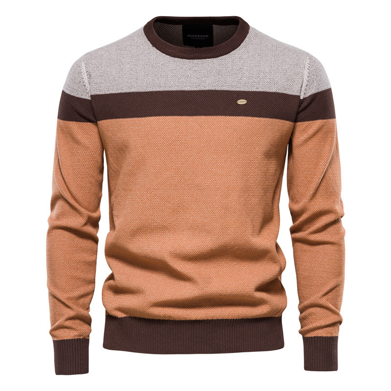 Sweater Men's 2021 Autumn new striped patchwork long-sleeved men's knitted sweater, fashionable round-neck men's casual sweater details Picture