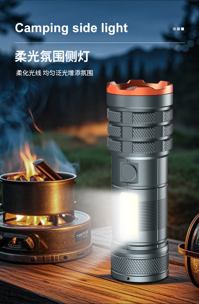 远射手电筒铝合金变焦户外强光高亮手电筒COB露营侧灯工作灯批发详情7