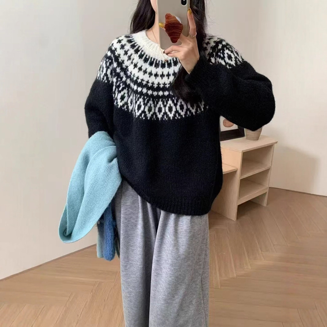 费尔岛圆领套头毛衣女秋冬新款宽松慵懒北欧风复古提花针织衫上衣