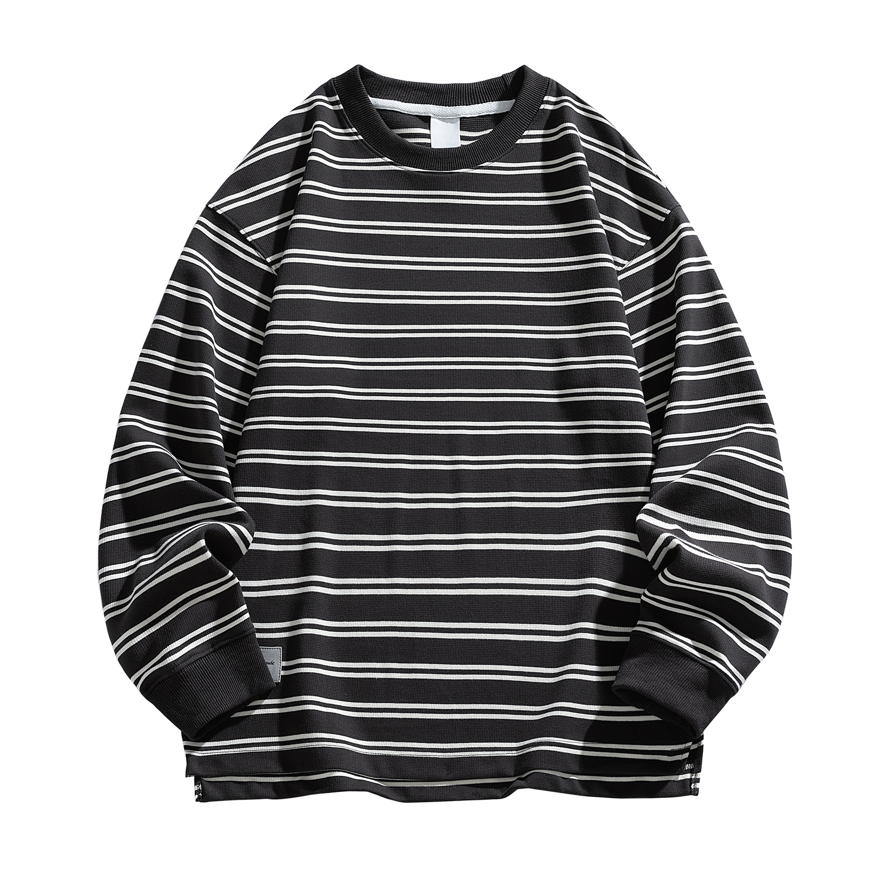 300g men's striped long-sleeved T-shirt, loose and laid-back style, short front and long back, slit hem, retro men's base layer top Item Picture